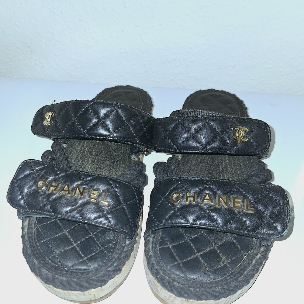 CHANEL Black Quilted Slide Sandals
